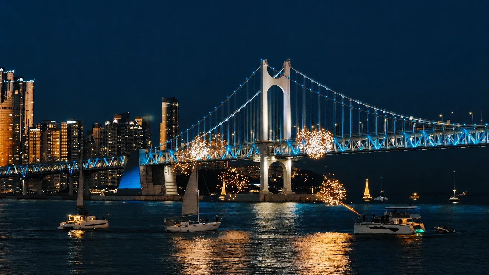 广安大桥夜景与游艇